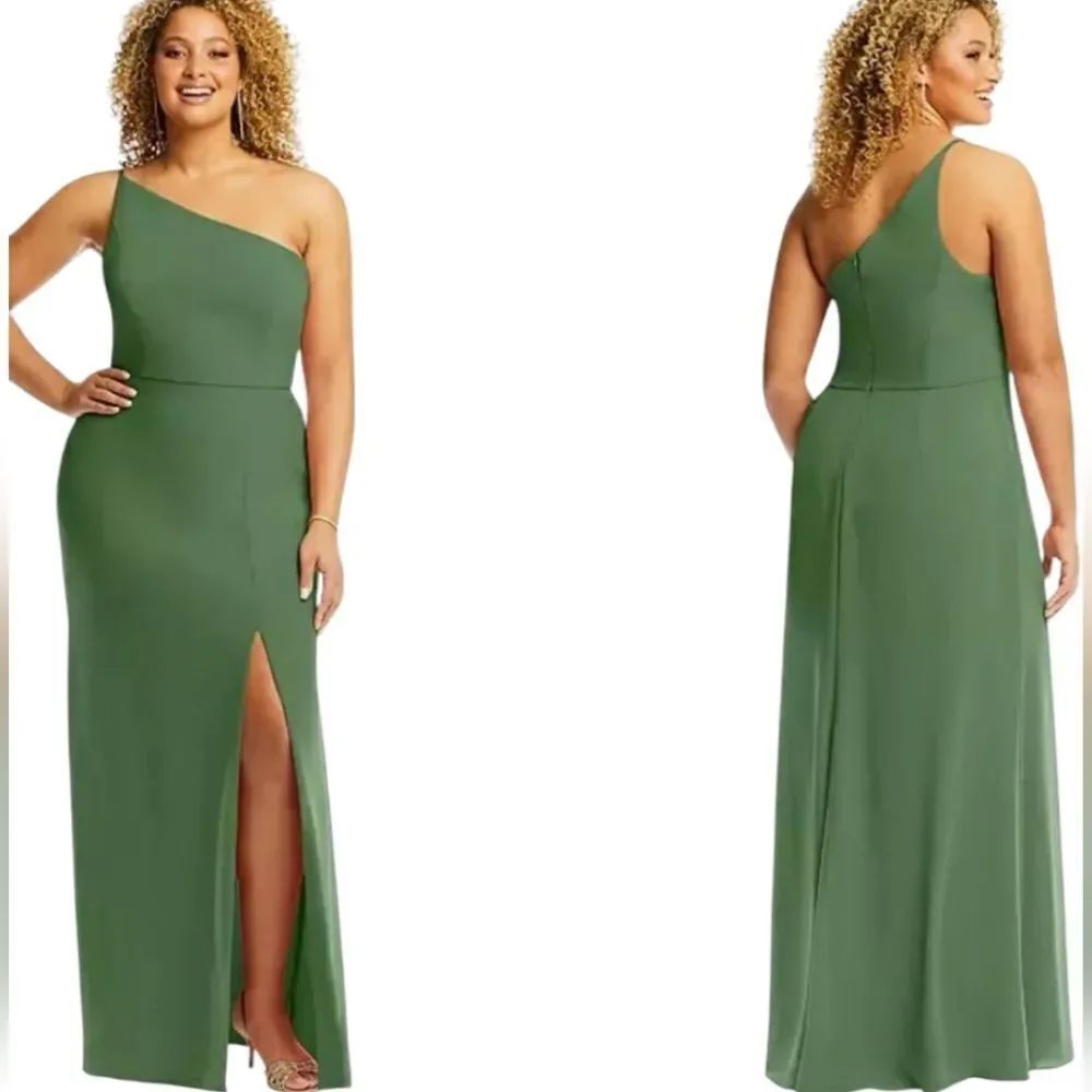 NWT After Six Skinny One-Shoulder Trumpet Gown Front Slit Vineyard Green Size 4